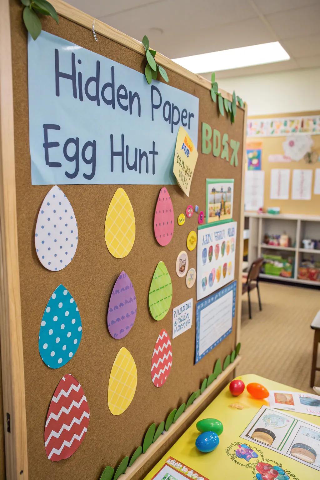 Interactive egg pursuit through concealed paper eggs for playful entertainment.