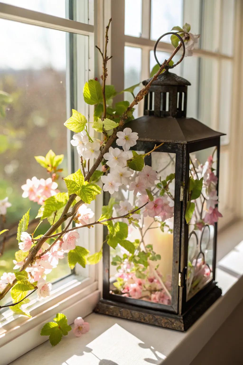 Spring awakens with blossoms inside a lantern.