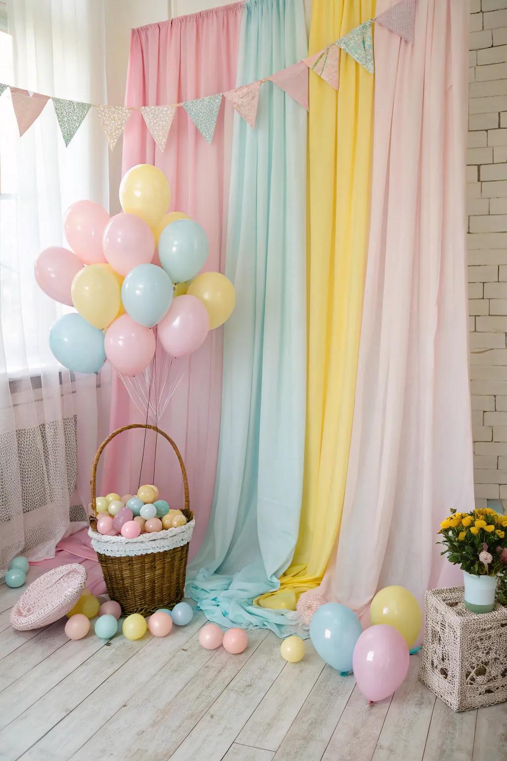 Delicate pastel balloons and fabric drapes coalesce to fashion an enchanting Easter photographic milieu.