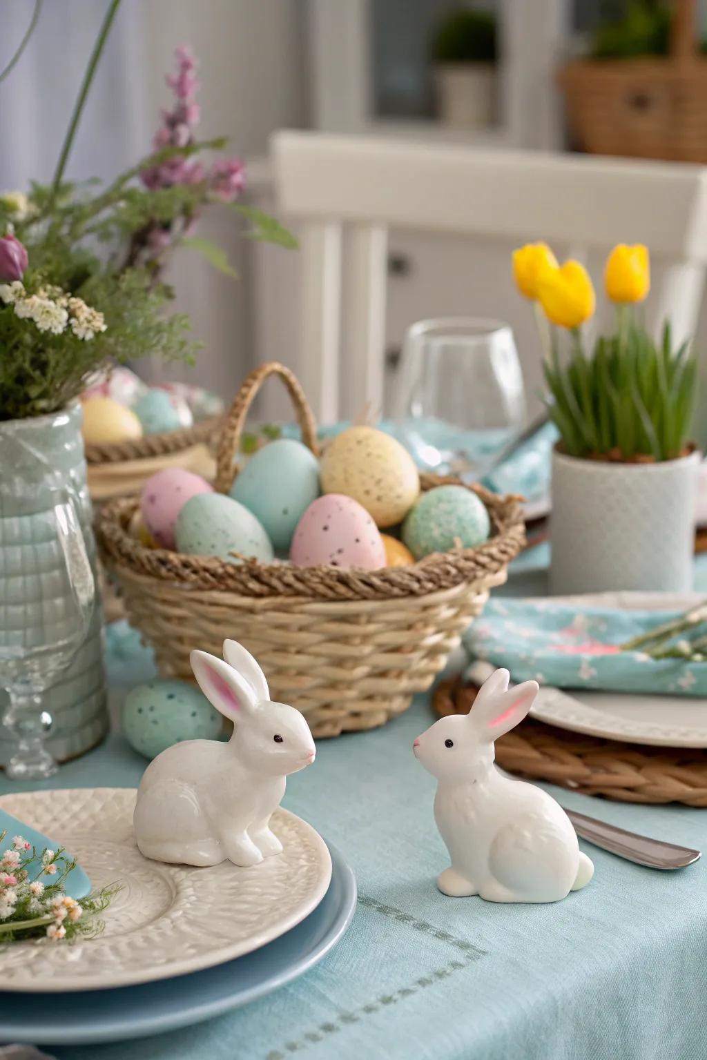 Rabbit figures contribute a lively appeal to the Easter design.