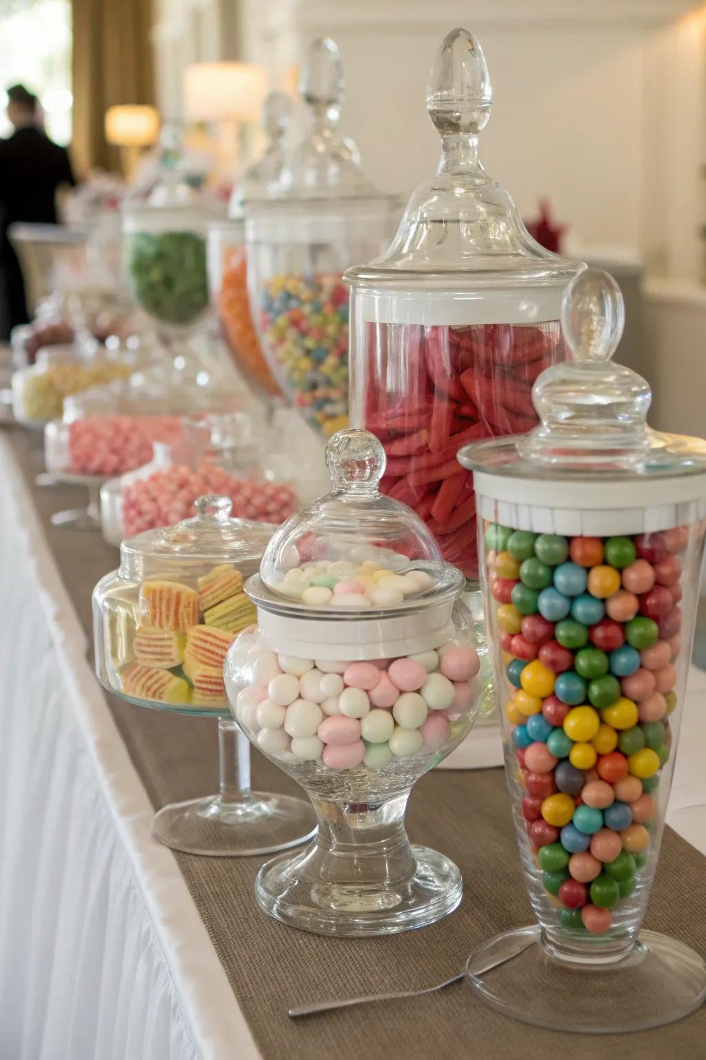 See-through containers beautifully displaying colorful candies.