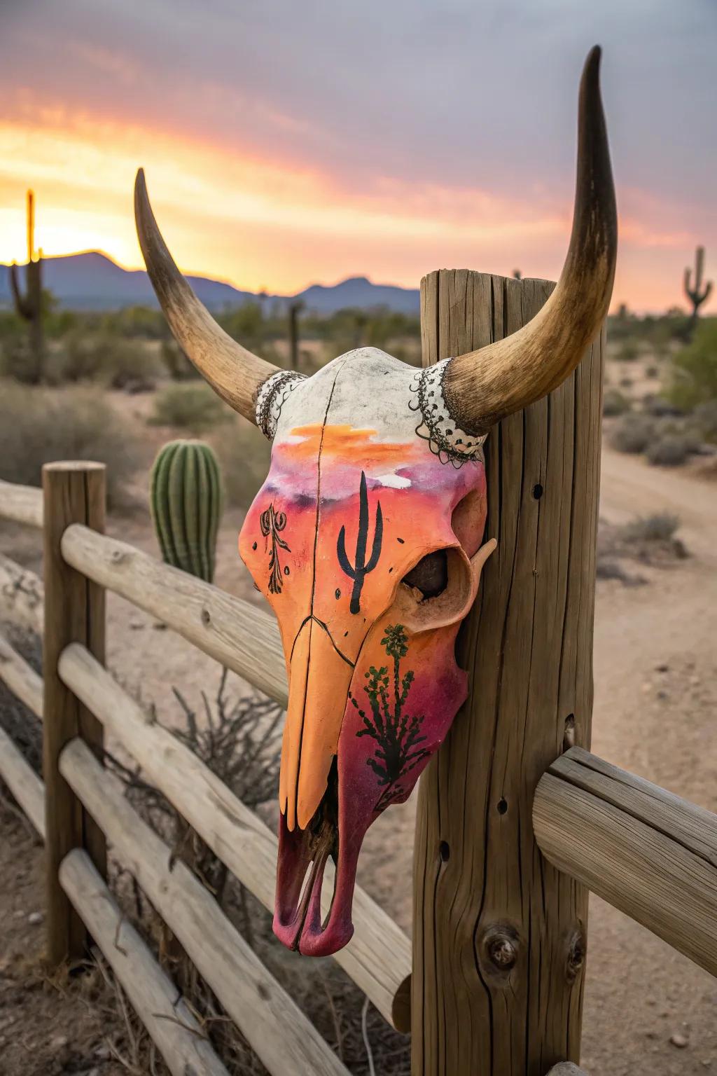 Desert scenes transform bovine skulls into rustic works of art.
