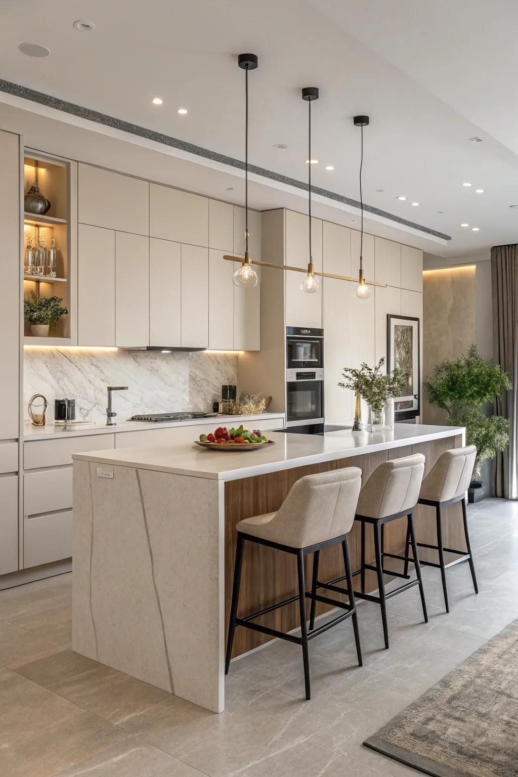 A minimalist kitchen island embodies modern sophistication.
