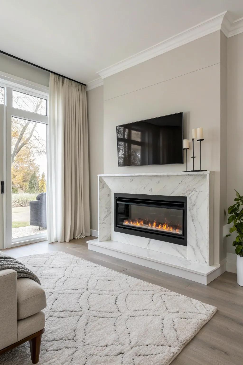 An understated method of furnishing featuring an electric fireplace.