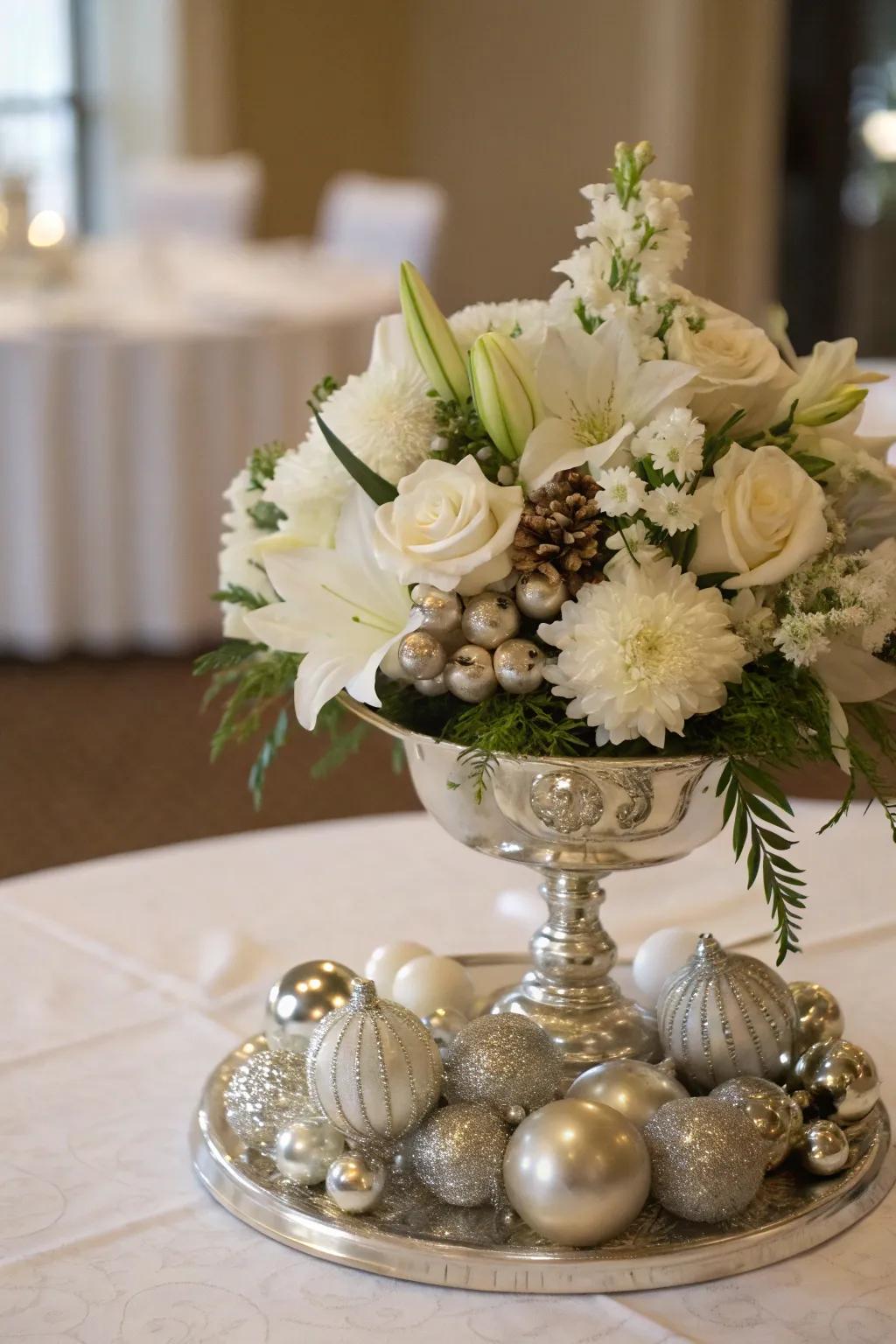 An ornamental centerpiece featuring flowers and metallic accents