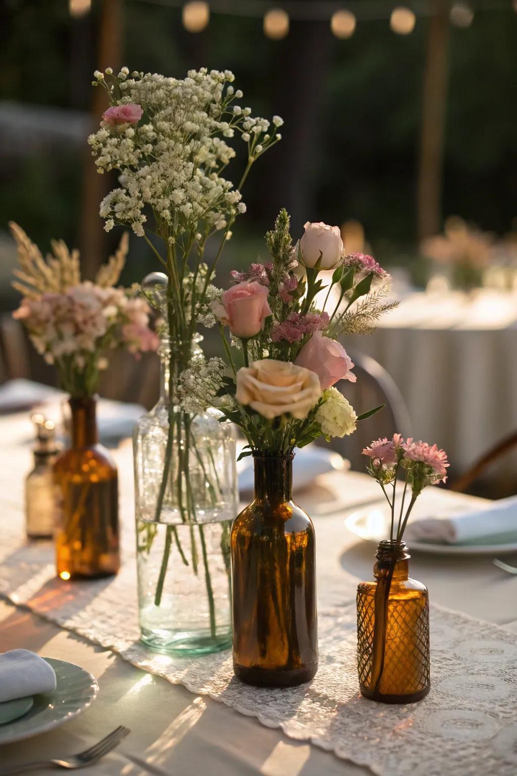 Repurposed spirits containers make striking and elegant vases.