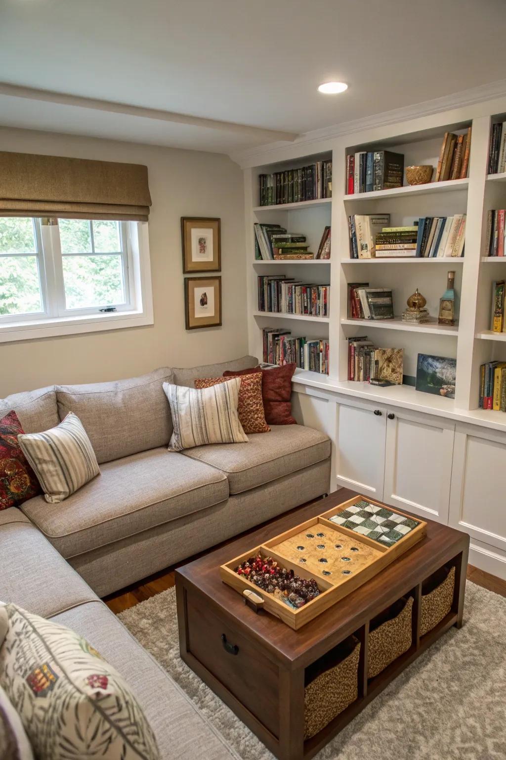 Relax in a delightful nook tailored for literature and board games alongside loved ones.