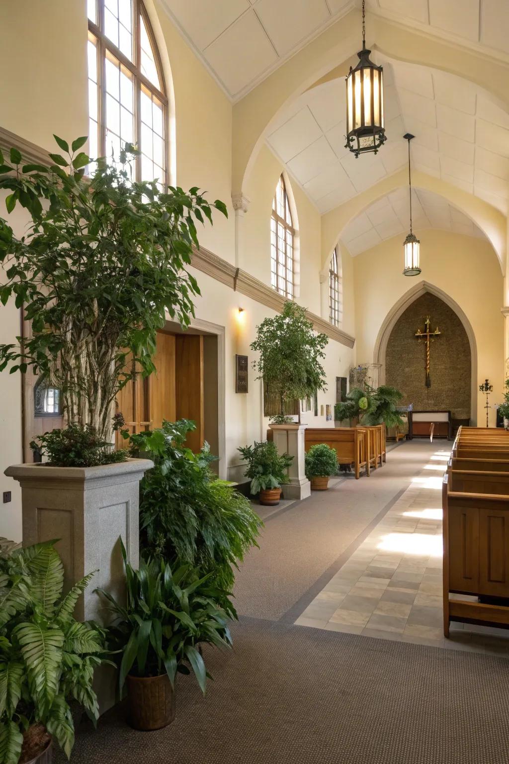 Green plants add vibrancy and a natural touch to the church foyer.
