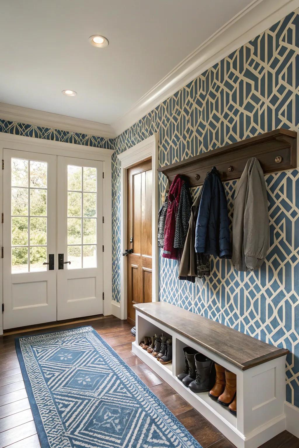 Patterns breathe life into this mudroom, rendering it a fashionable entryway focal point.