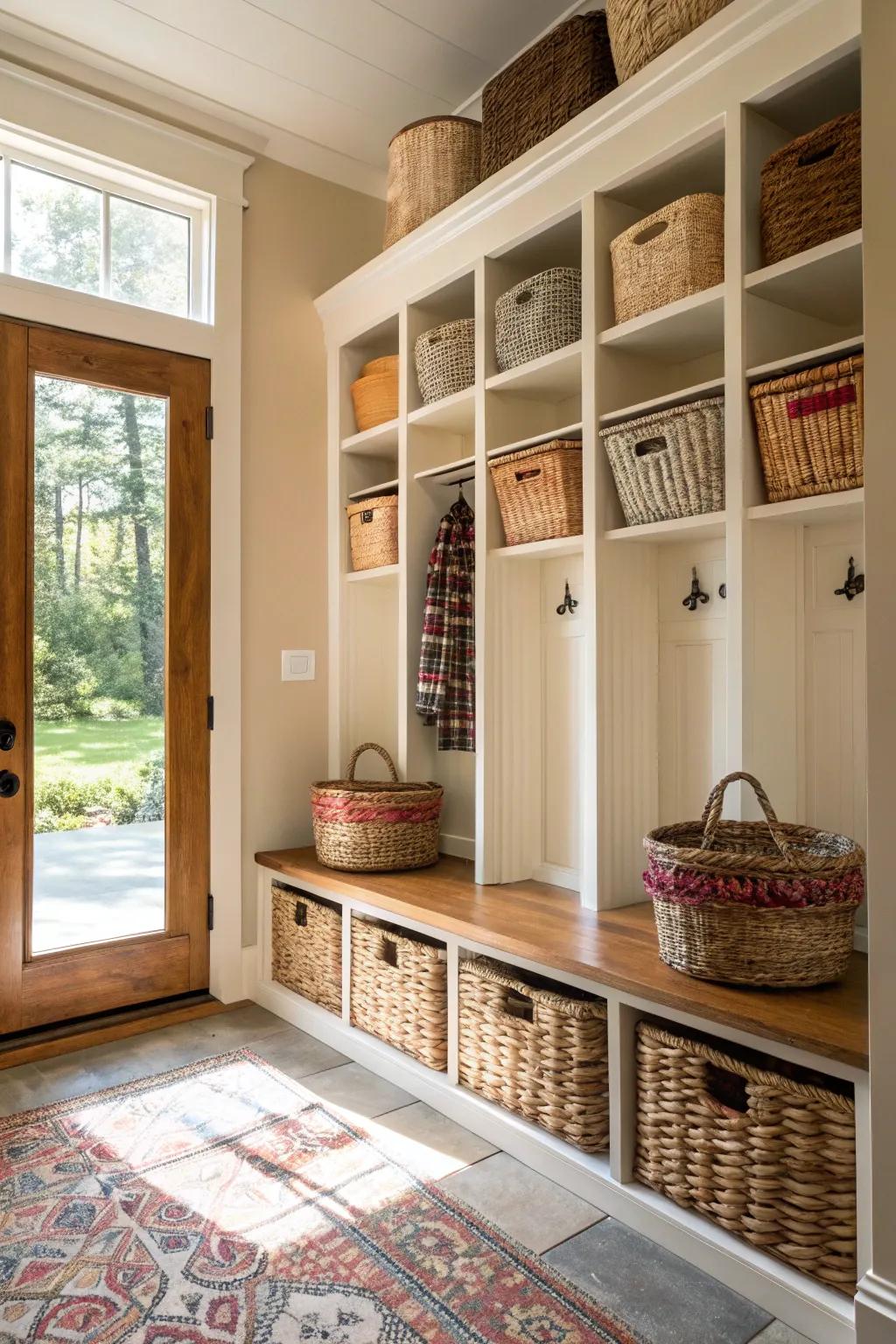 Compartments and shelves help maintain a neat and stylish entryway.