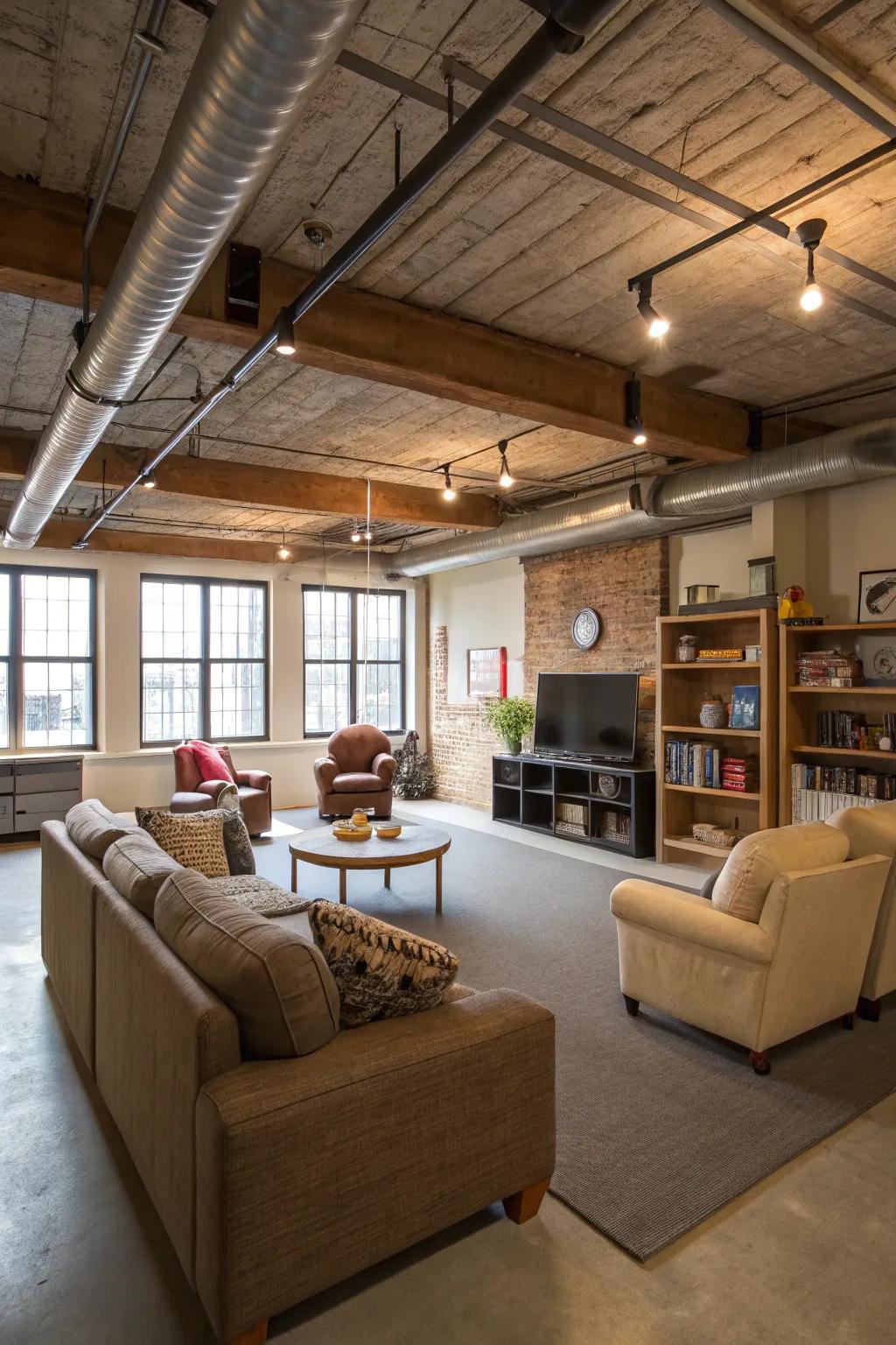 An open layout amplifies the spacious impression of a basement featuring a bare ceiling.
