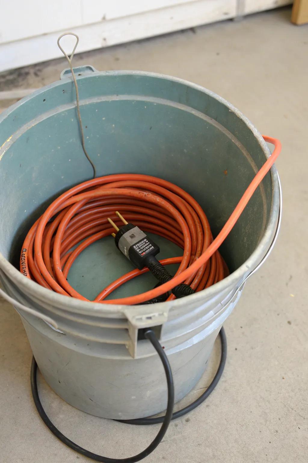 An innovative DIY cord bucket for mobile and neat storage.