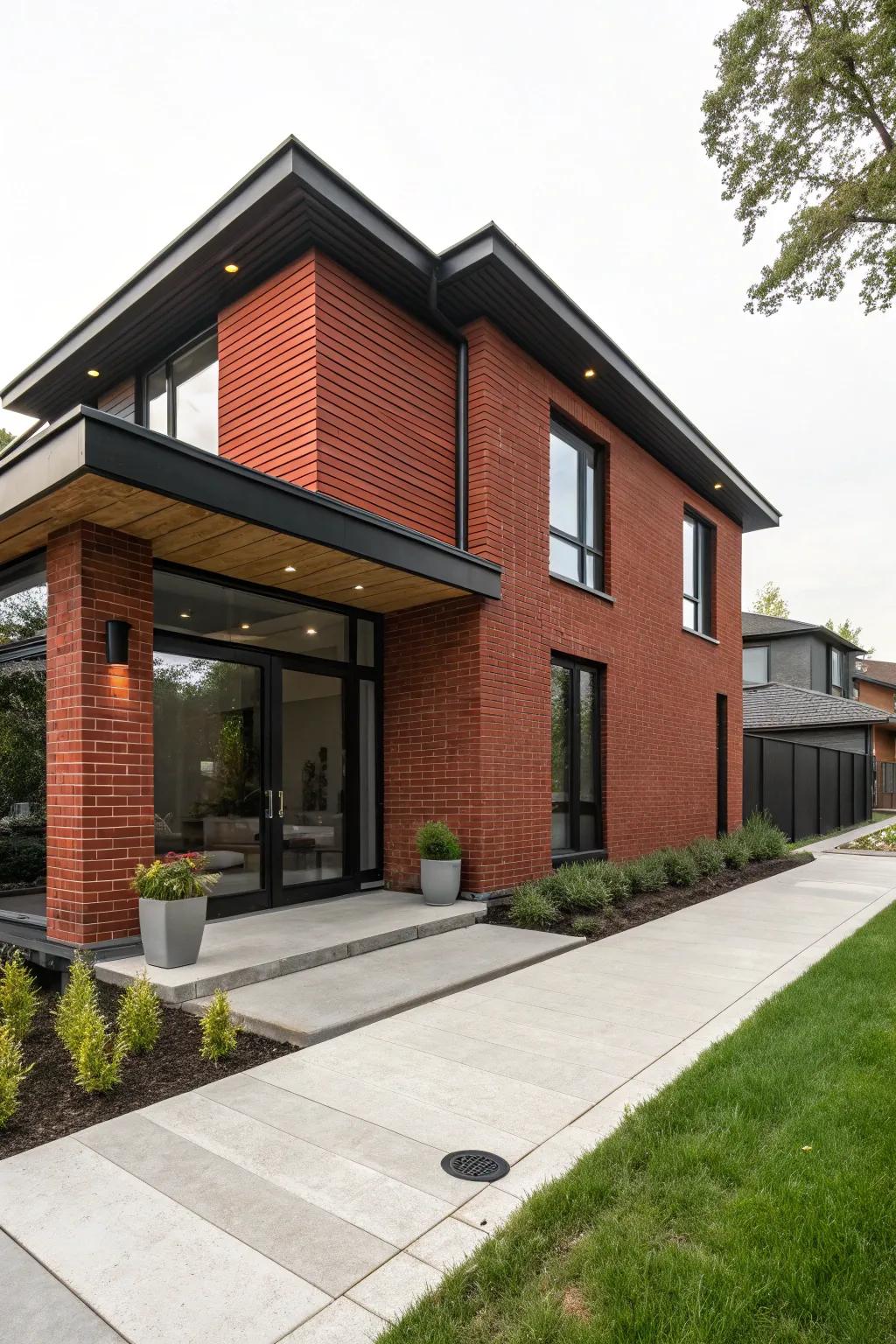 Striking ebony trim introduces drama to classic crimson brick.