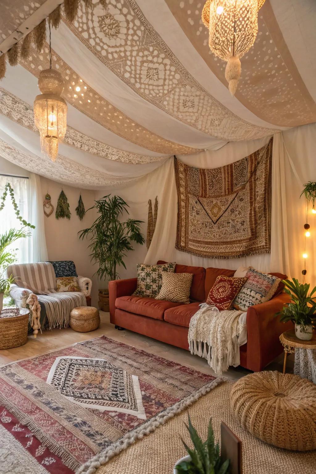 Introduce richness with combined fabric textures on your ceiling.