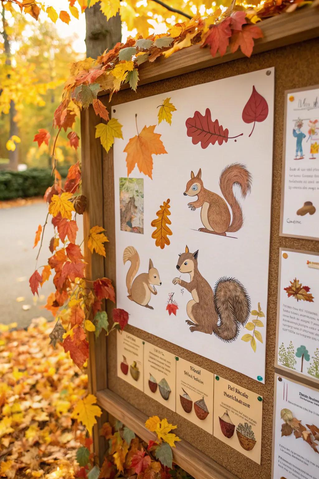 Squirrels gathering nuts introduce a lively element to this autumnal display board.