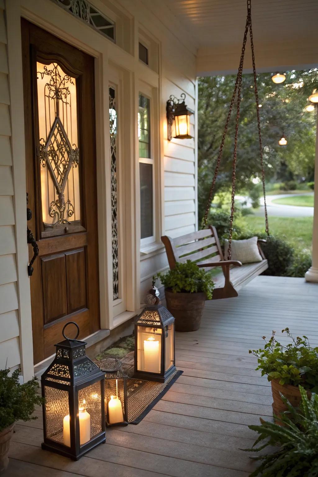 Lanterns offer a toasty, welcoming glow to a fall-themed entrance.