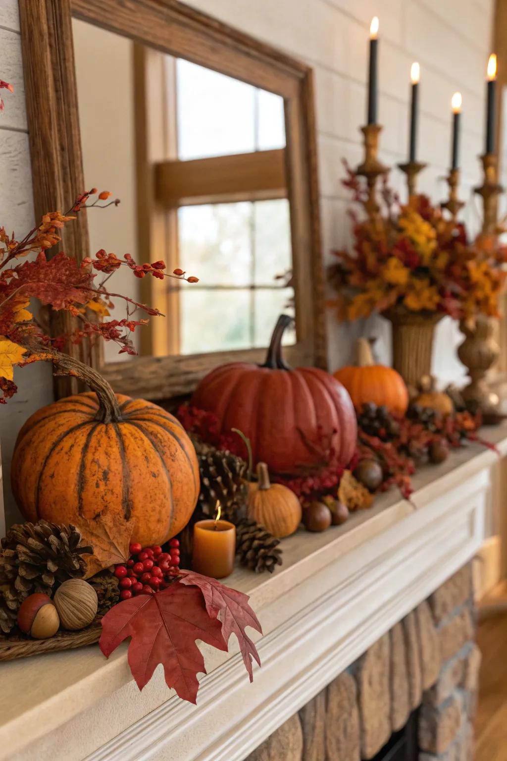 A fall mantel featuring inviting autumnal colors that create a cozy ambiance.
