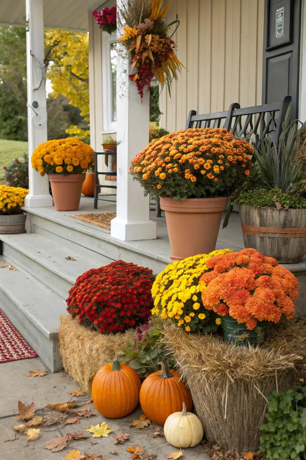Colorful mums breathe life and vibrancy into the fall porch scene.