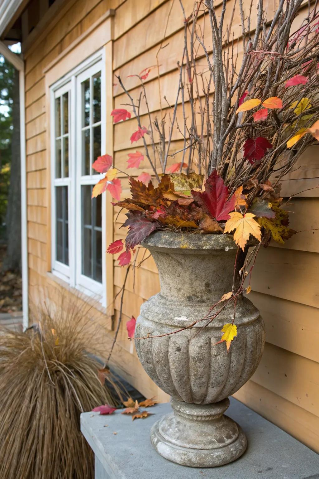 Unrefined appeal achieved using woody stems and autumn-colored foliage in an autumnal pot.