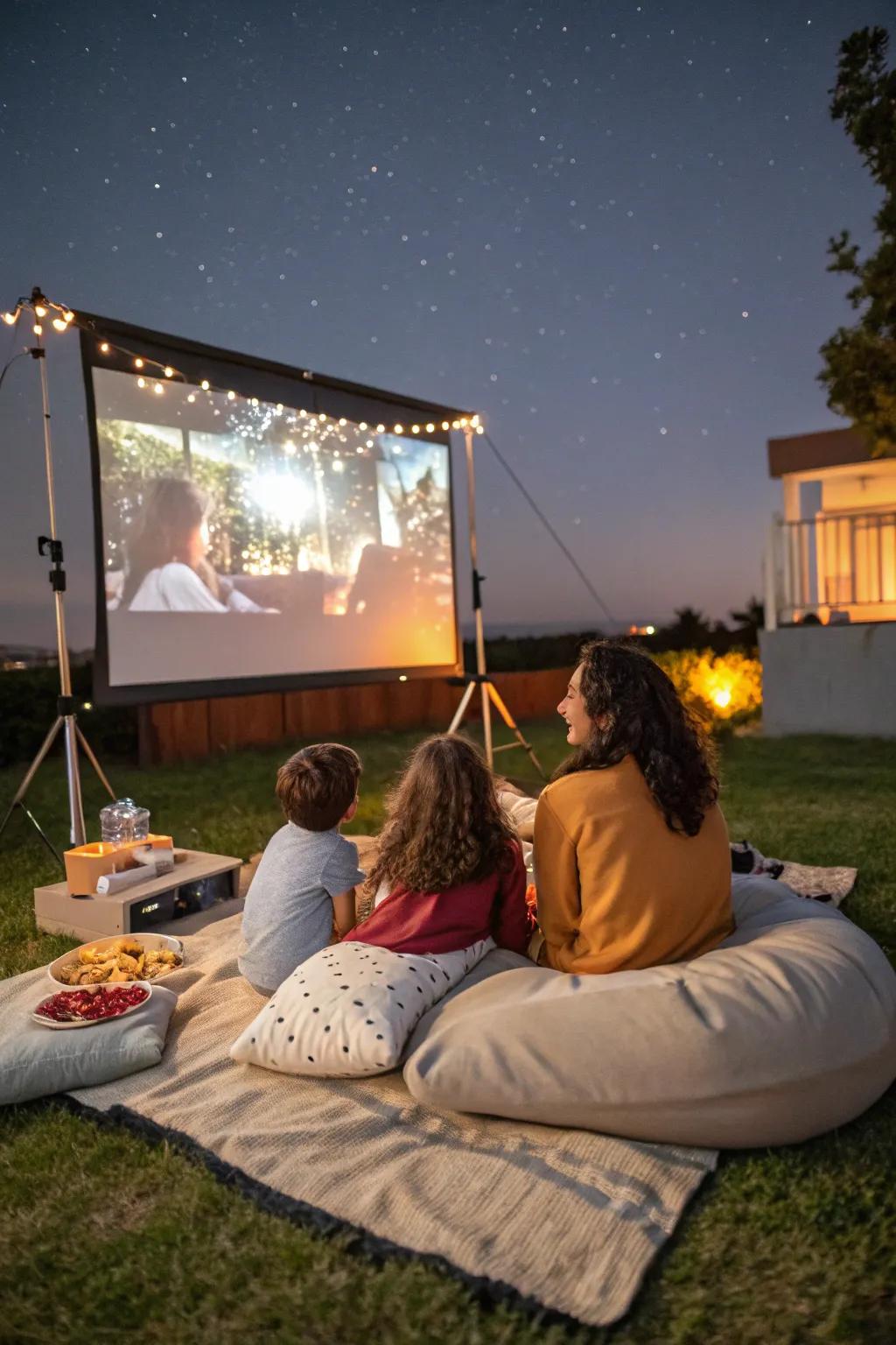 A picturesque outdoor movie night arrangement in the backyard.