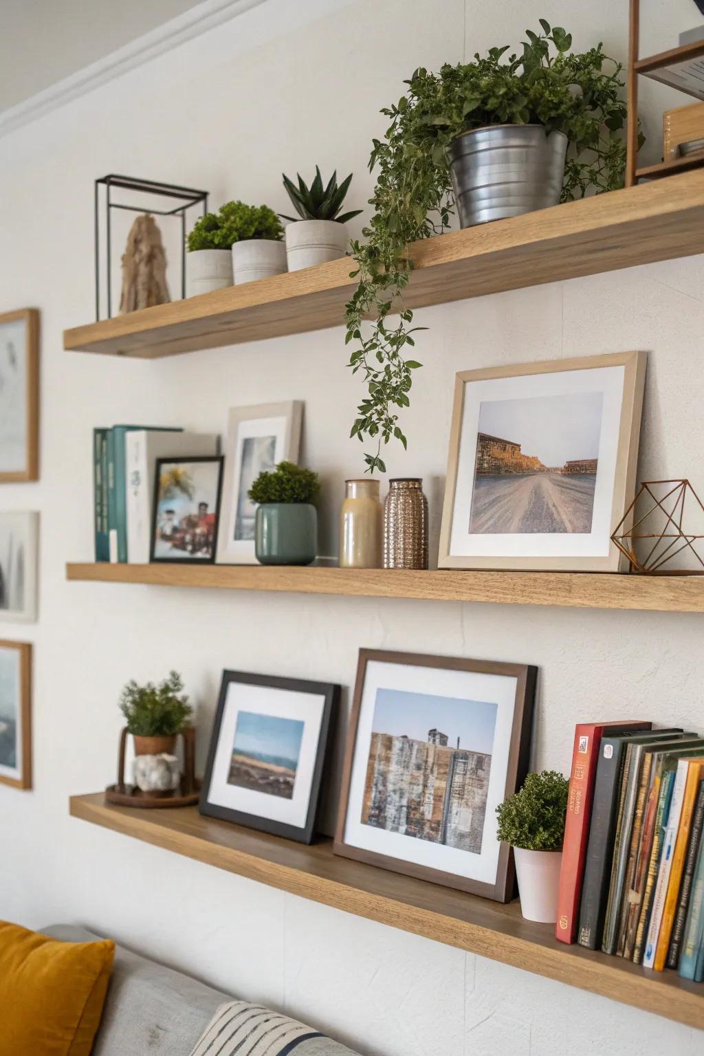 Floating shelves with photos and decor elements.