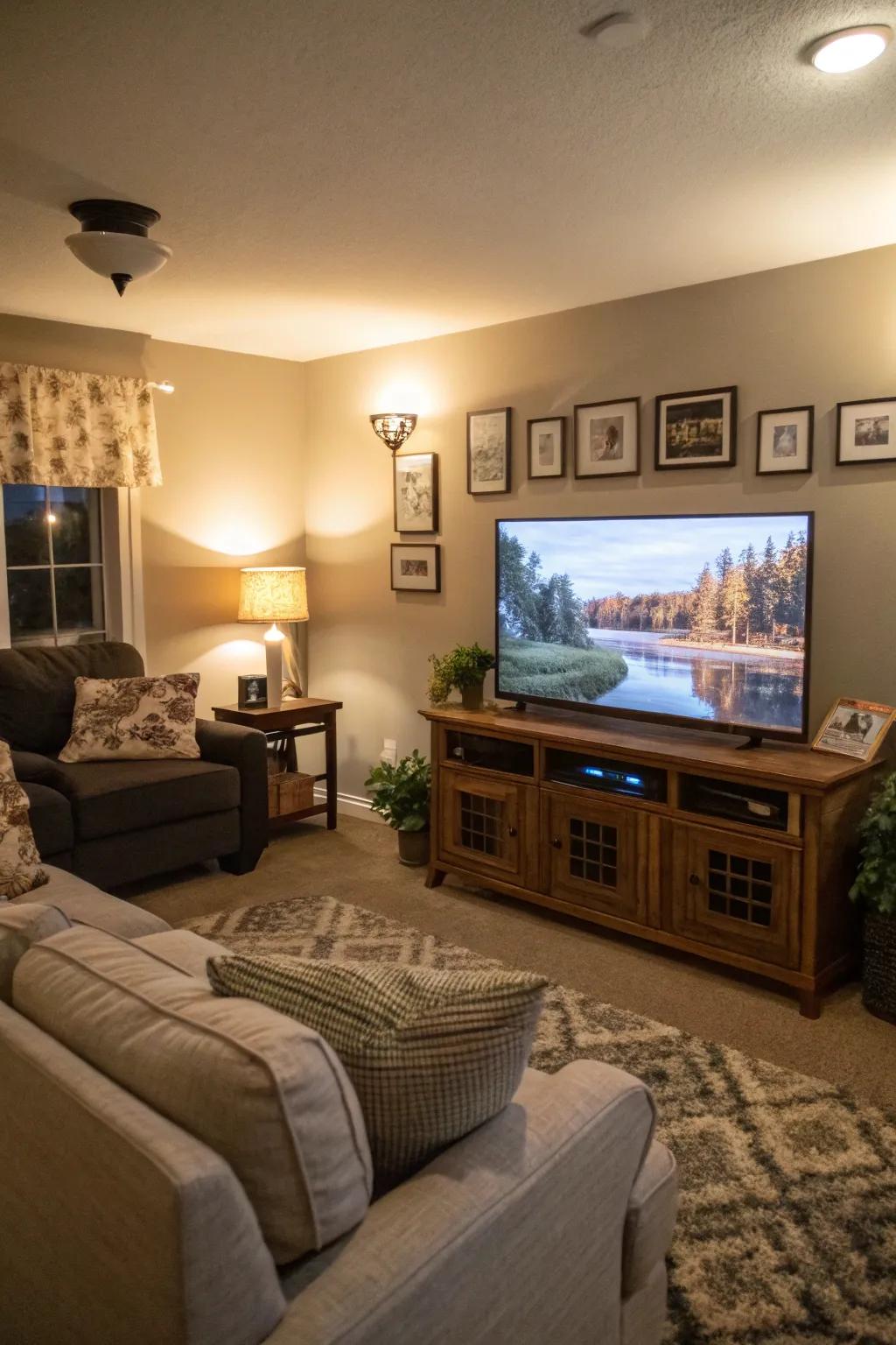 A TV displaying a serene screensaver adds calm to the family room.