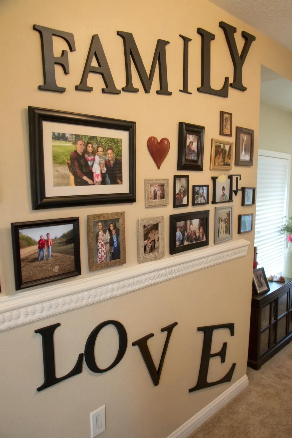 Heartfelt wall ornamentation featuring uplifting words and family photographs.