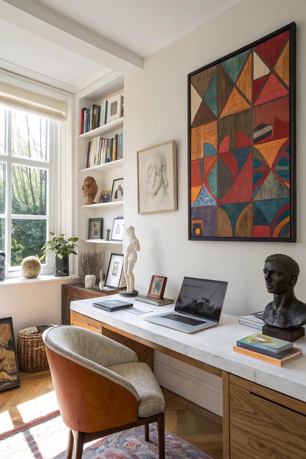 Art pieces can personalize and enhance your workspace.