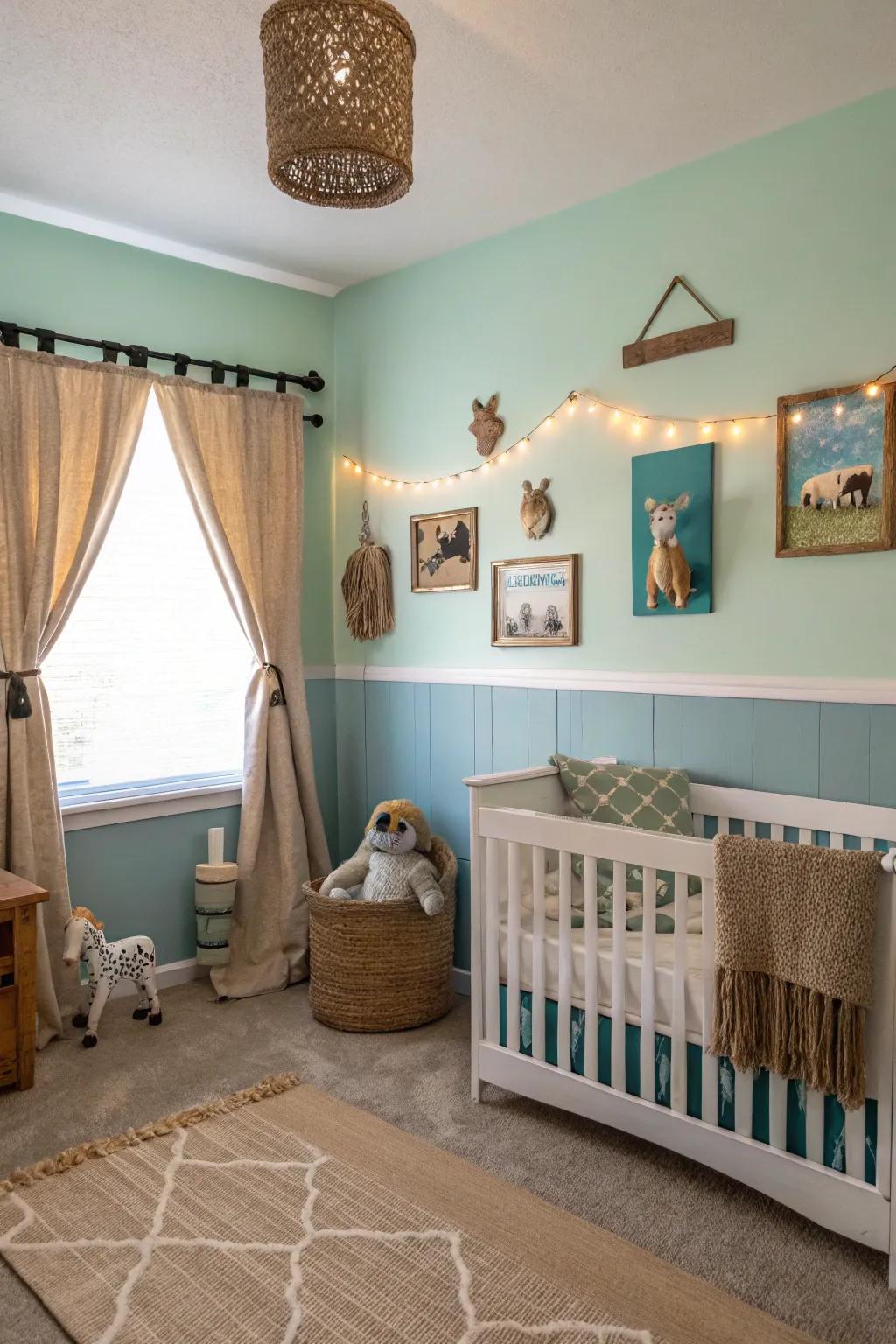 Gentle pastels offer a calm background for an animal-themed nursery.