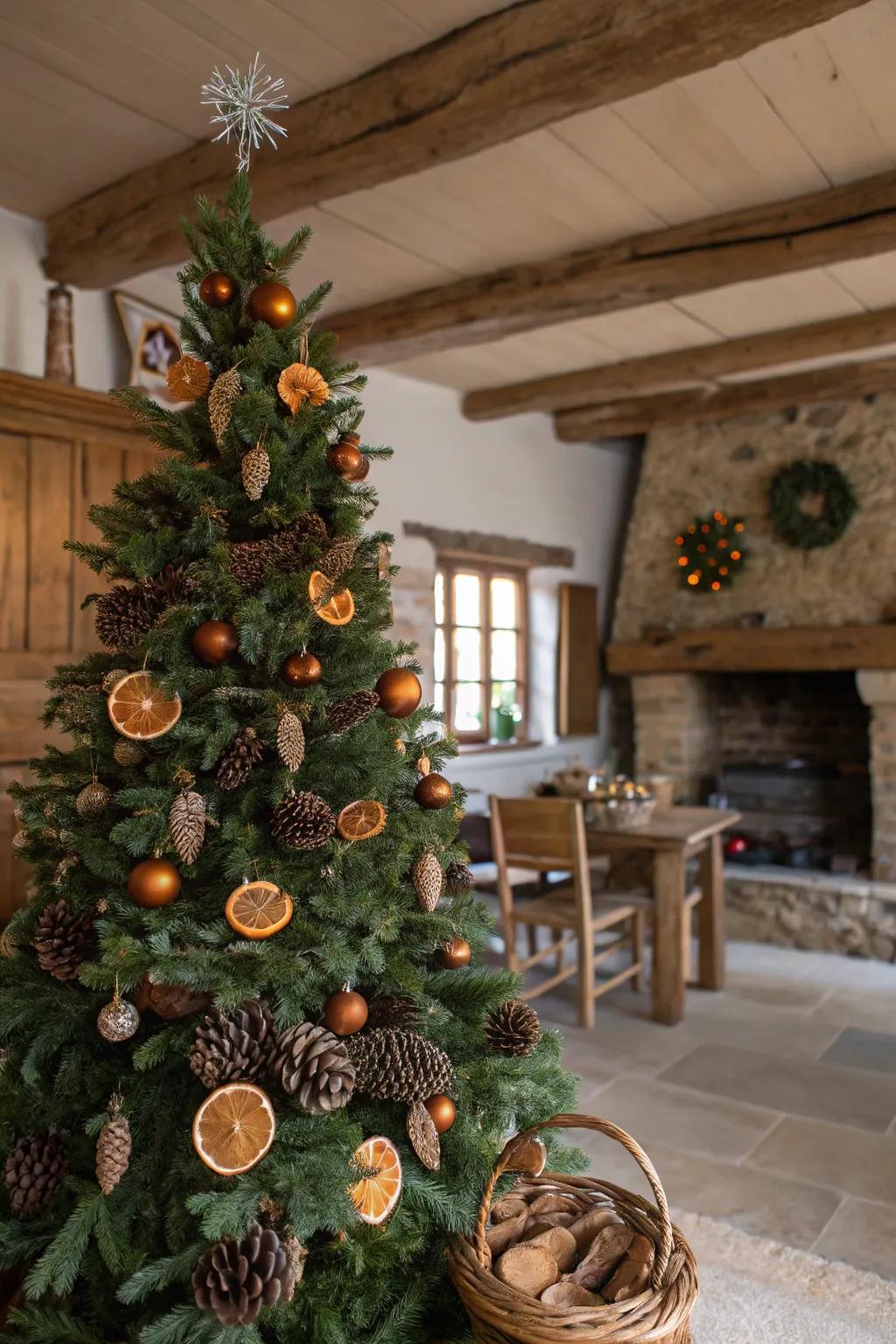 Nature-Inspired Accents elevate the rustic allure of this Christmas tree.