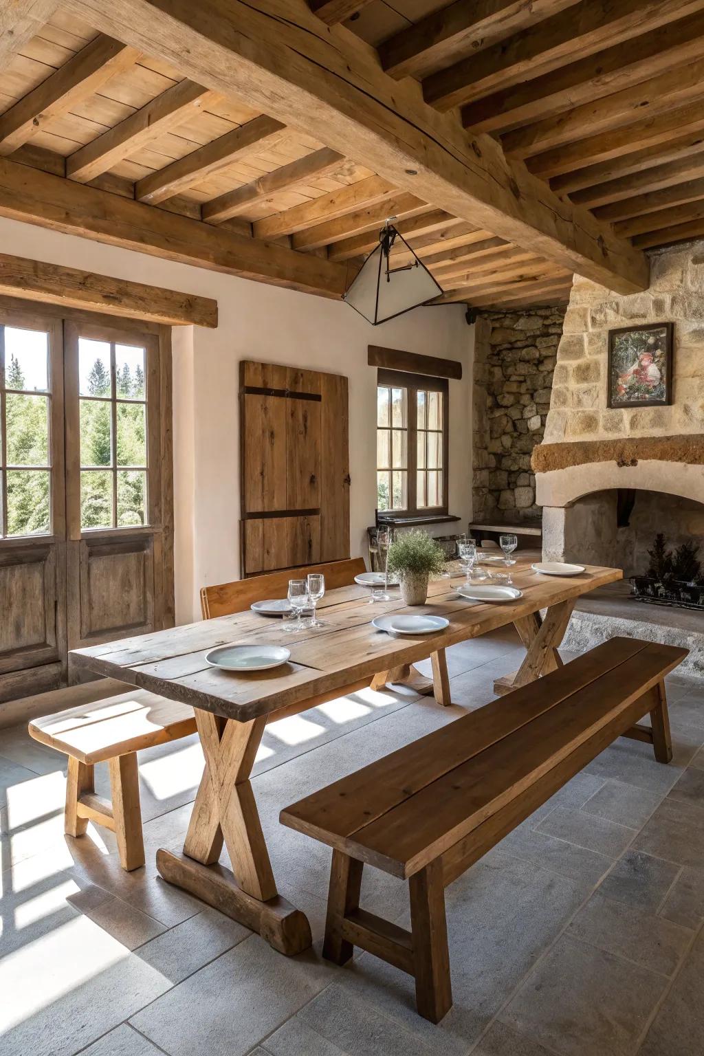 A timber bench offers shared seating in this inviting farmhouse dining area.