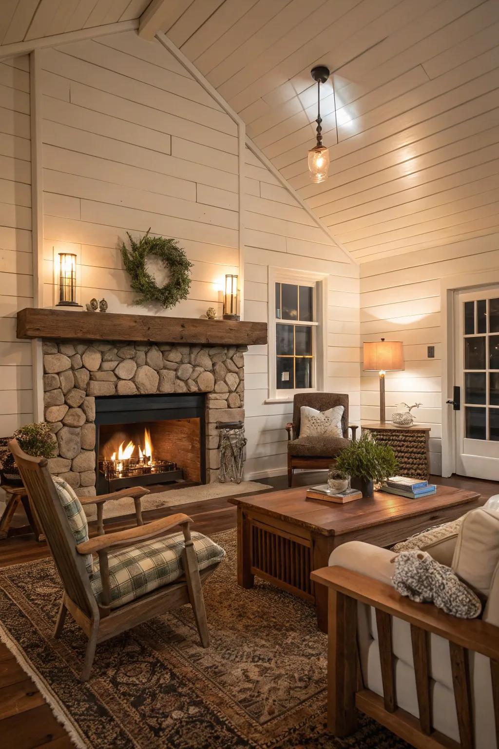 Weathered plank walls encasing a country farmhouse fireplace.