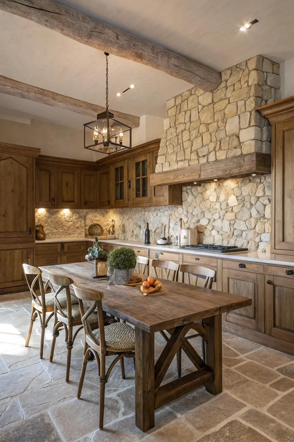 A farmhouse kitchen enhanced by an earthy stone mosaic backsplash.