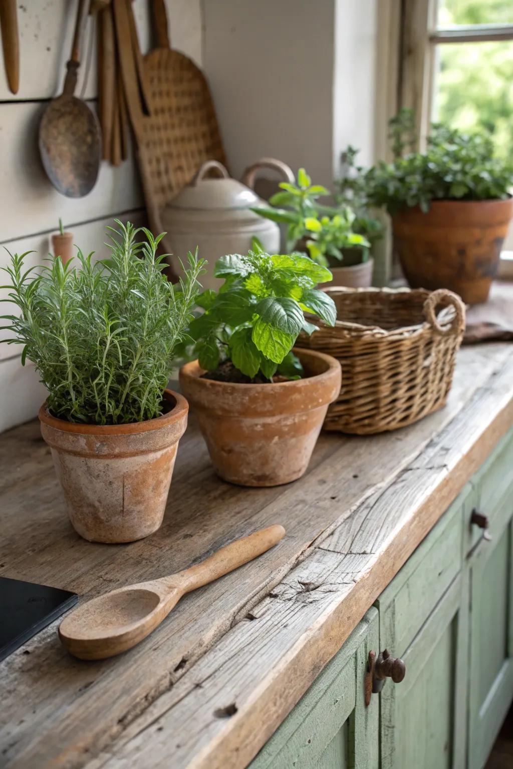 Potted herbs bringing a refreshing vibe to a farmhouse kitchen décor.
