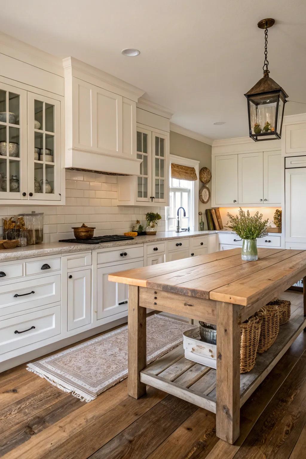 A farmhouse kitchen displaying pristine white shaker-style cabinets.