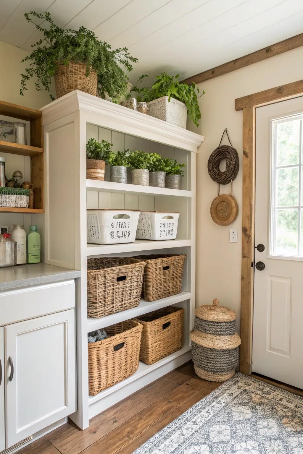 Display shelving contributes both panache and practicality to this farmhouse laundry area.