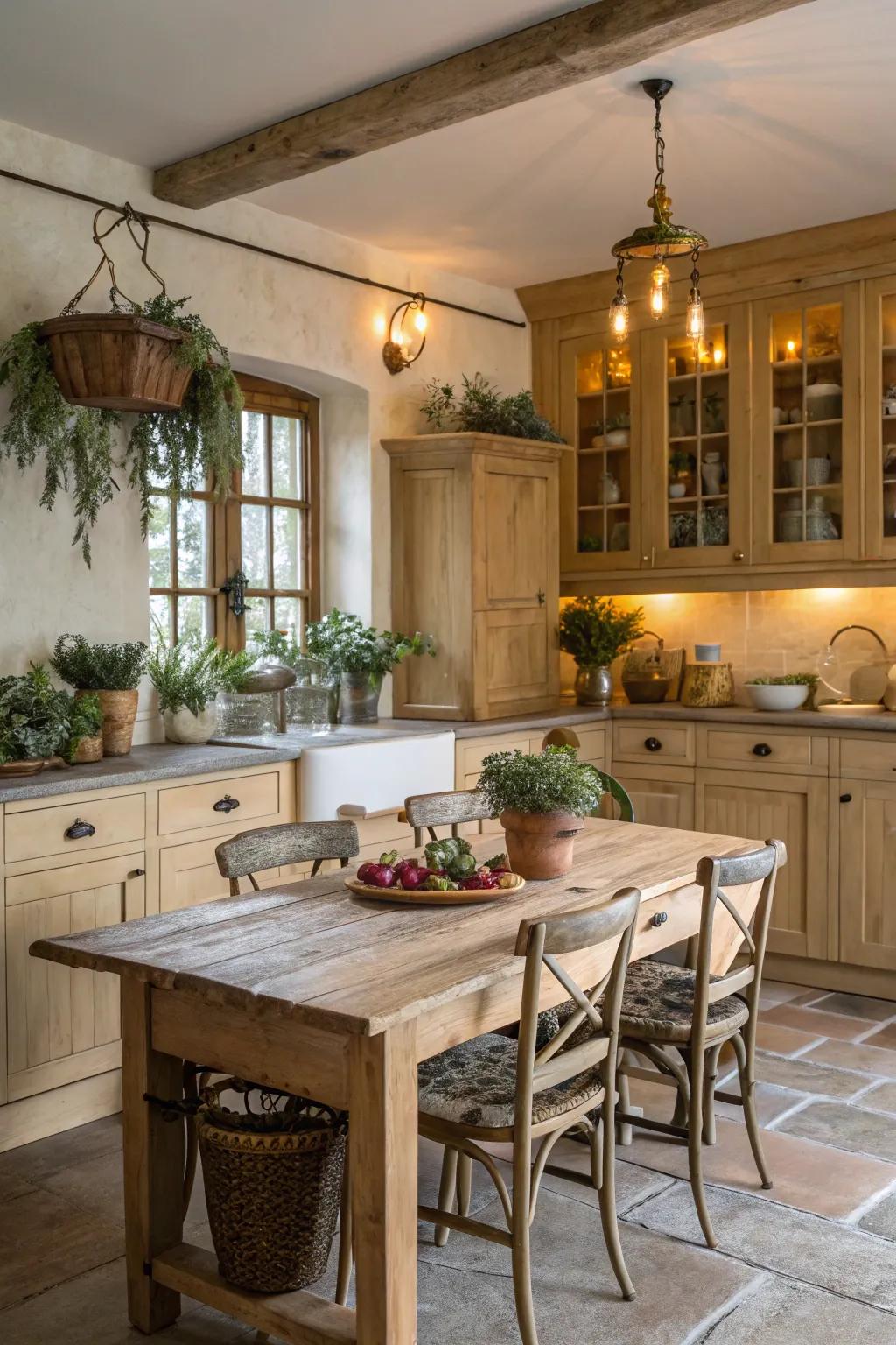 Vintage touches add a personal element to a kitchen fitted with pale timber cabinets.