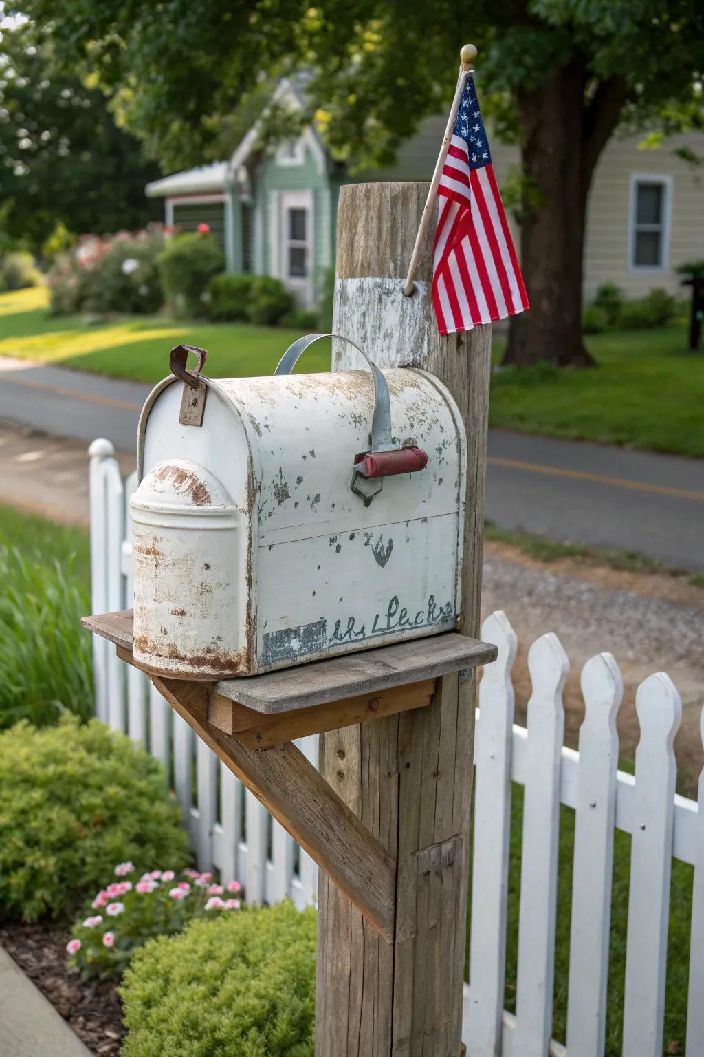 An antique dairy churn, innovatively repurposed as an endearing farmhouse letterbox.