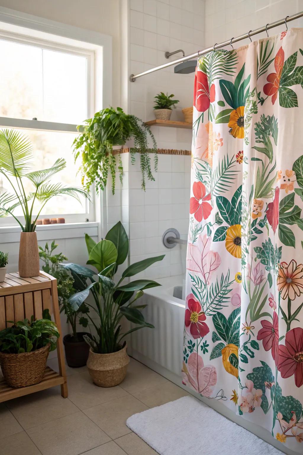A bathroom enriched with a floral patterned shower curtain and abundant green plants.