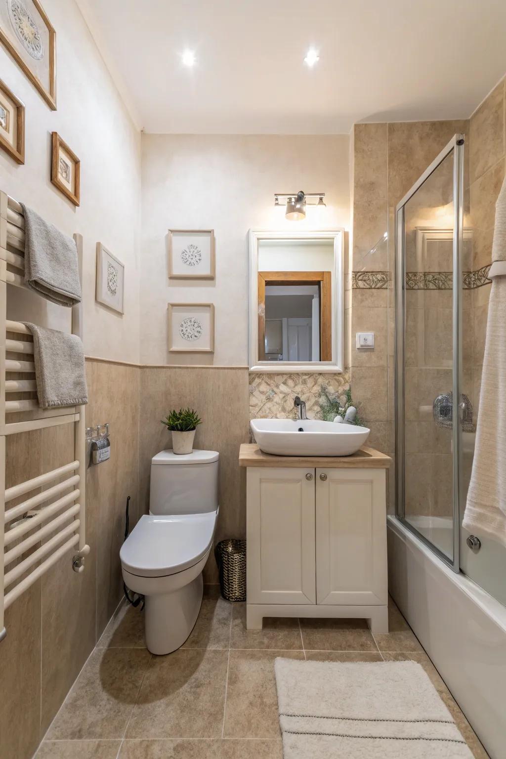Neutral shades foster a calm and spacious ambiance in this small farmhouse bathroom.