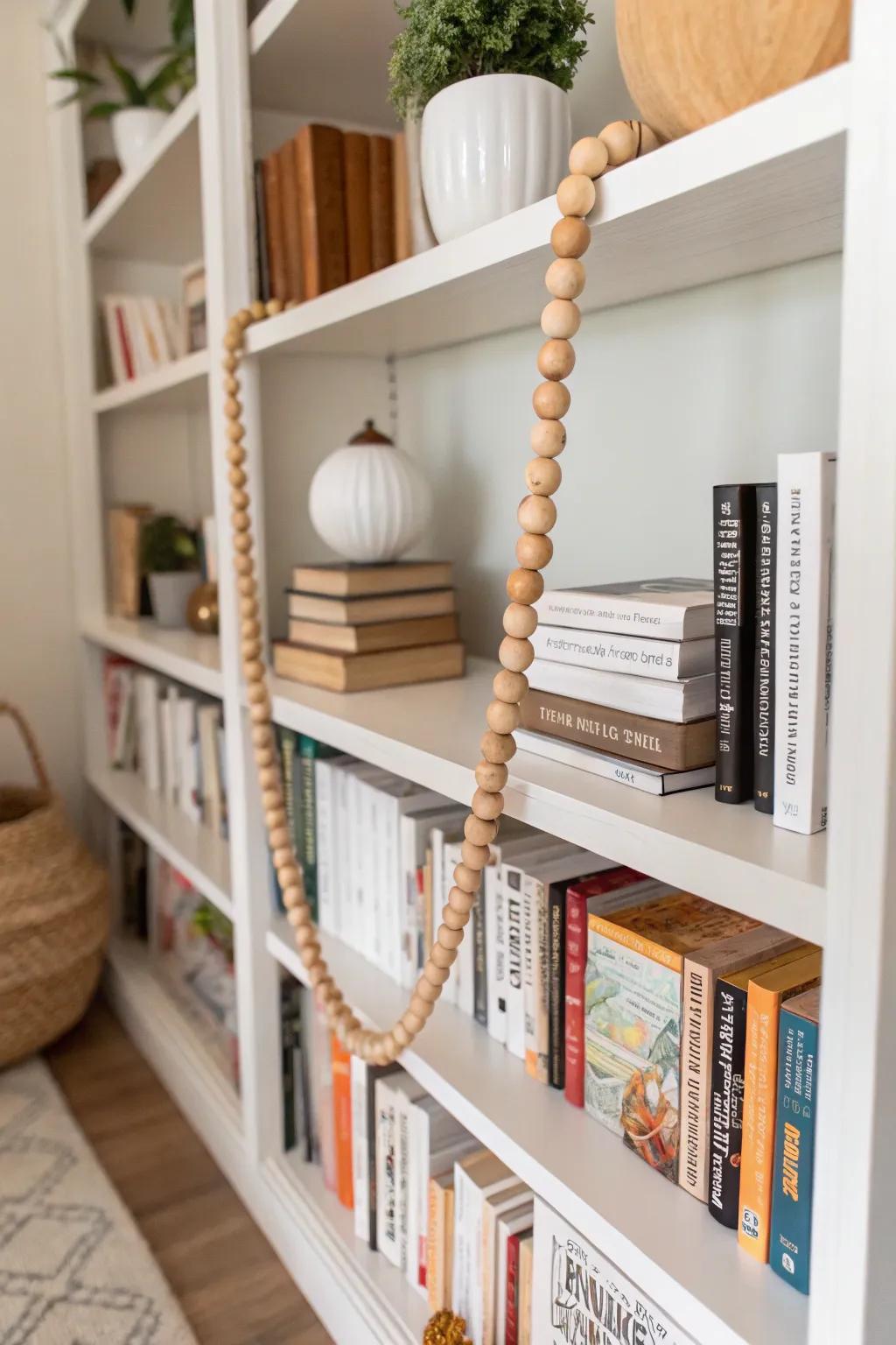 Bead strand accenting a cozy bookshelf.