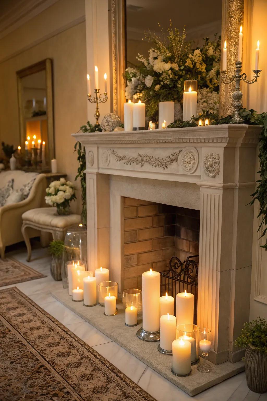 An imitation fireplace illuminated by the soothing radiance of numerous thick candles.