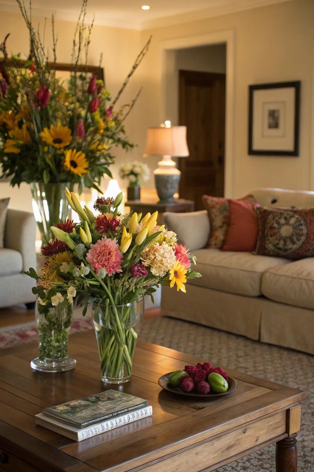 A living room brightened with graceful floral arrangements on the center table.