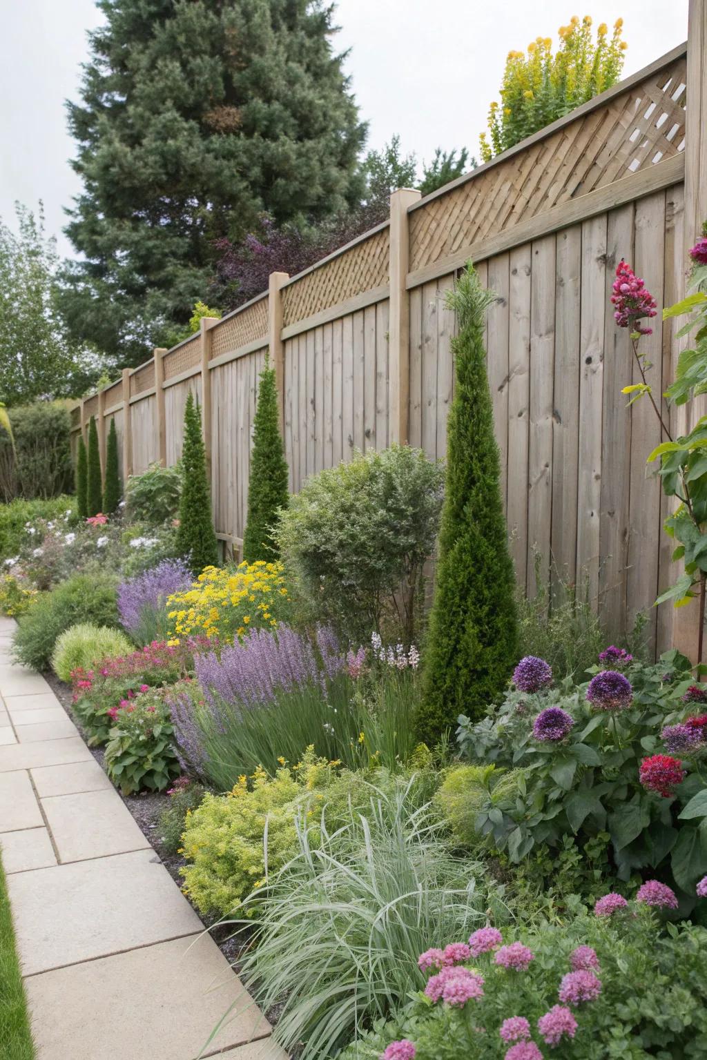 Layered flora generates depth and dimension along your fence.