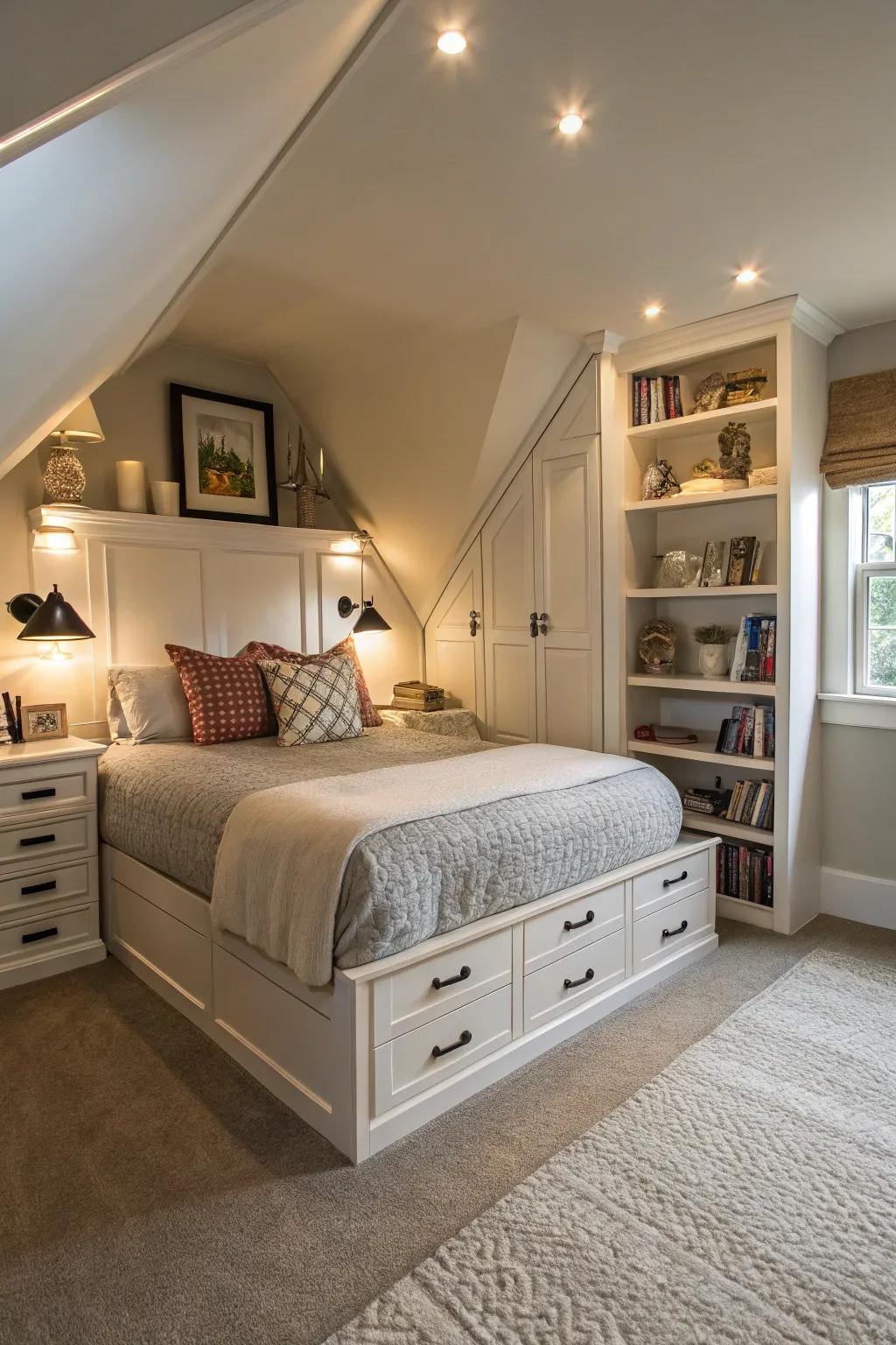 An appealing and comforting guest bedroom nestled in the attic.