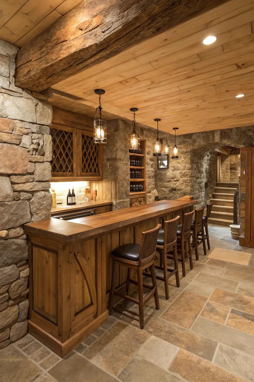Invite the tranquility of the outdoors into your basement bar with a rustic-themed design.