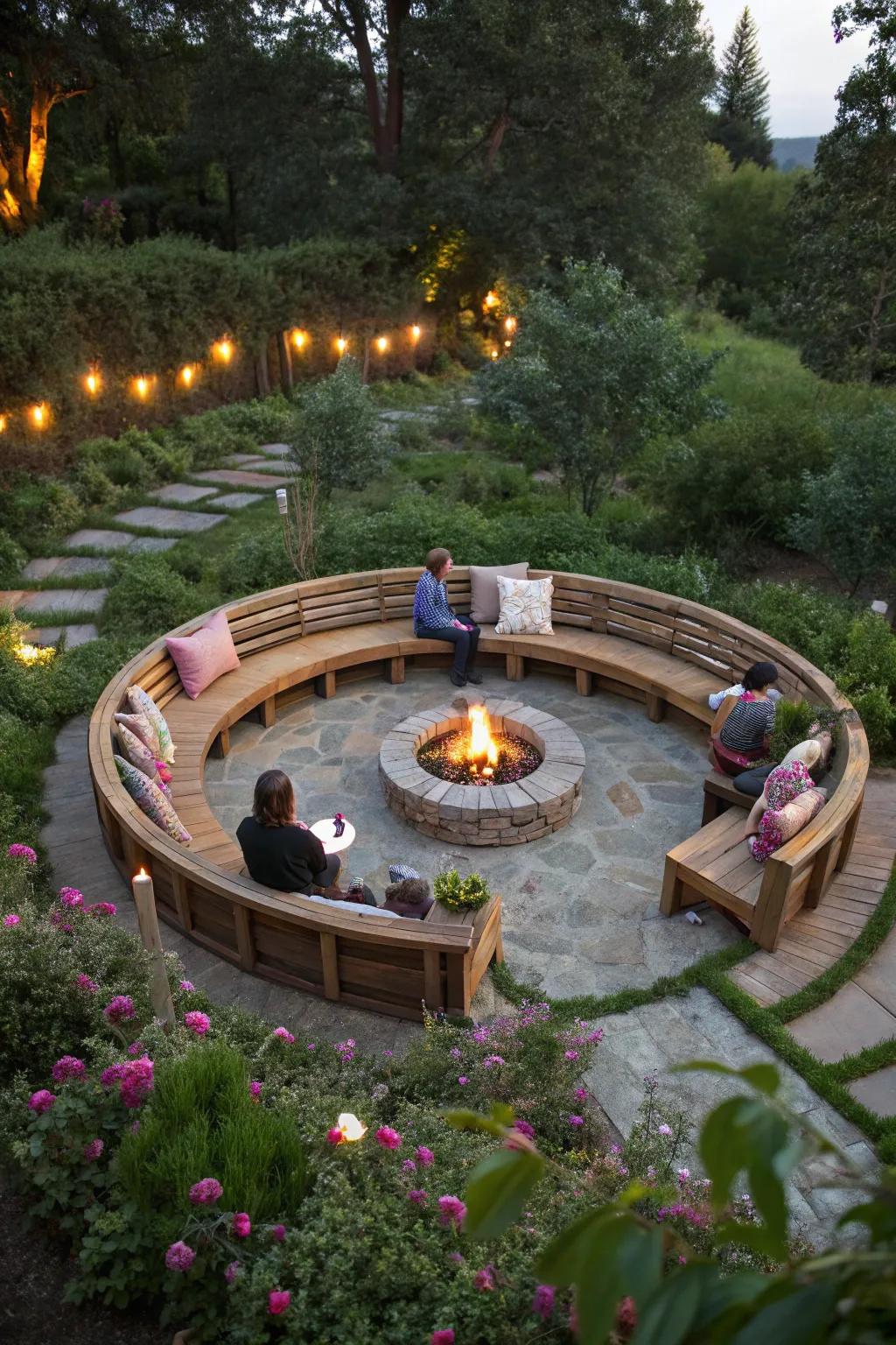 Circular seating fosters engagement around the fire pit.