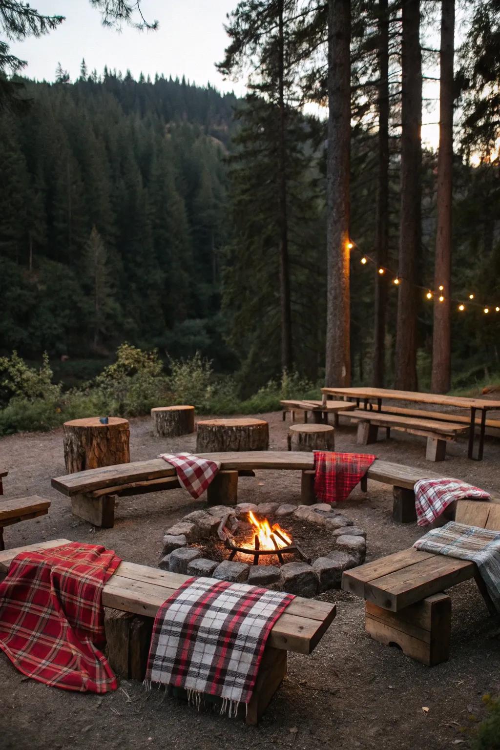 Natural timber benches bring a nostalgic feel to your fire pit.