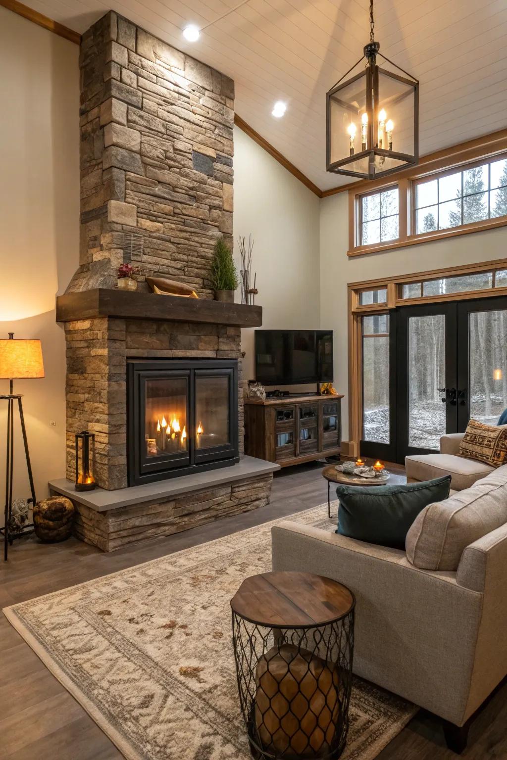 A family-friendly living area showcasing a stylish, glass-enclosed fireplace.