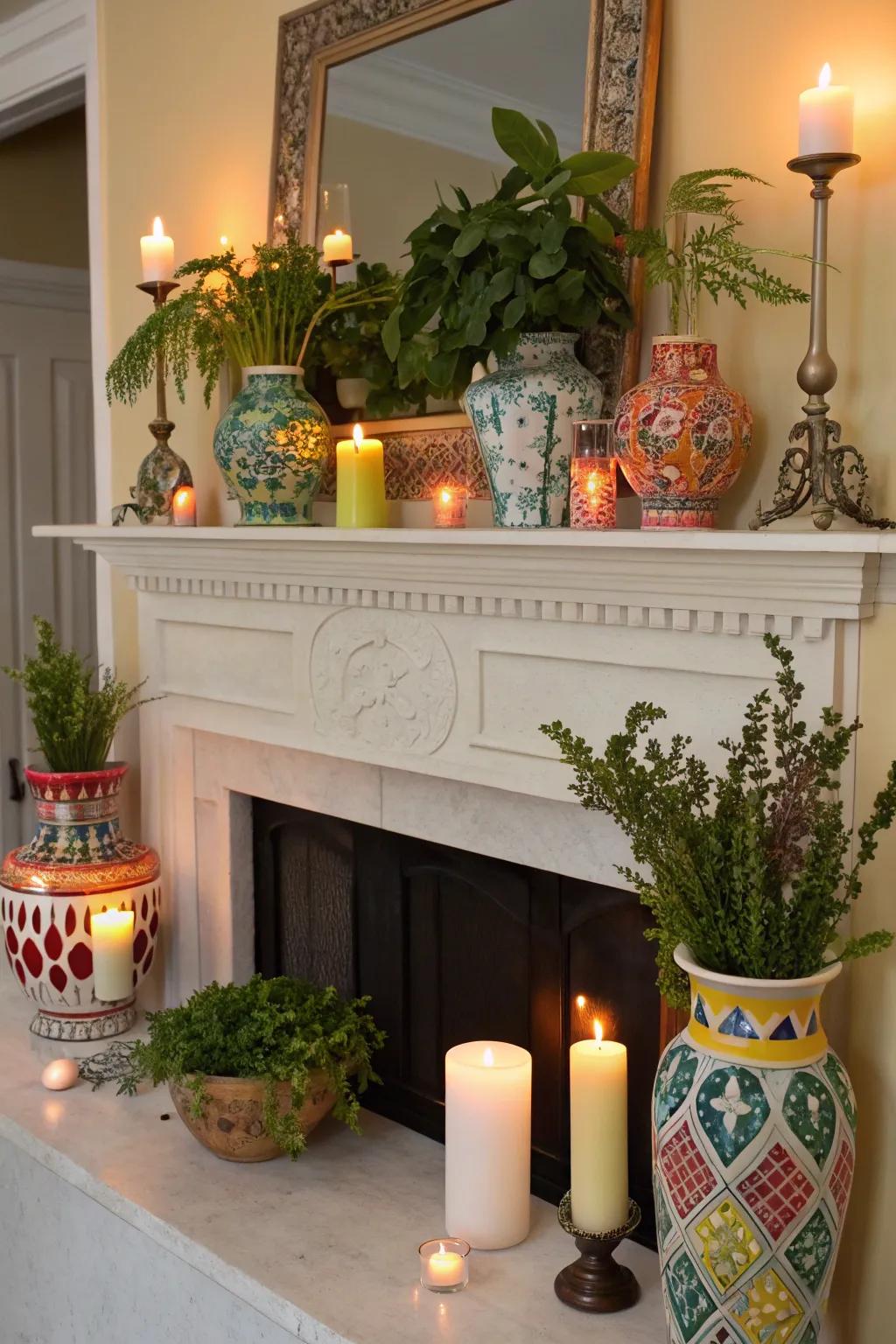 Vases, tapers, and flora imbuing the mantel with a stylish panache.